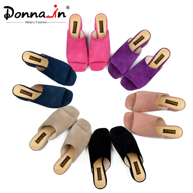 

Donna-in Mules High Heels Peep Toes Genuine Leather Sandals Women Summer Flip Flops Shoes 2019 Slides Women Slippers Outdoor