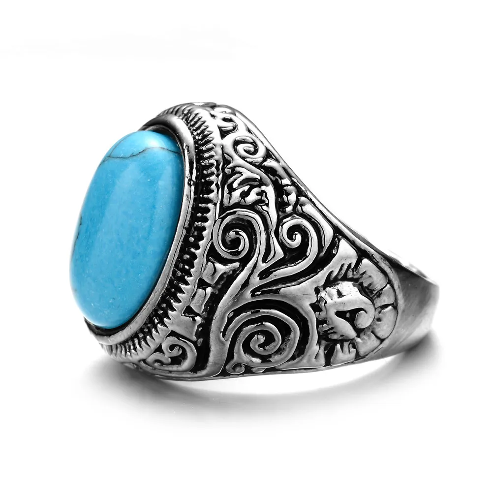 ZMZY античное-серебряное покрытие винтажное каменное кольцо Модные ювелирные изделия бирюзовые пальцевые кольца для мужчин и женщин Свадебные украшения подарок