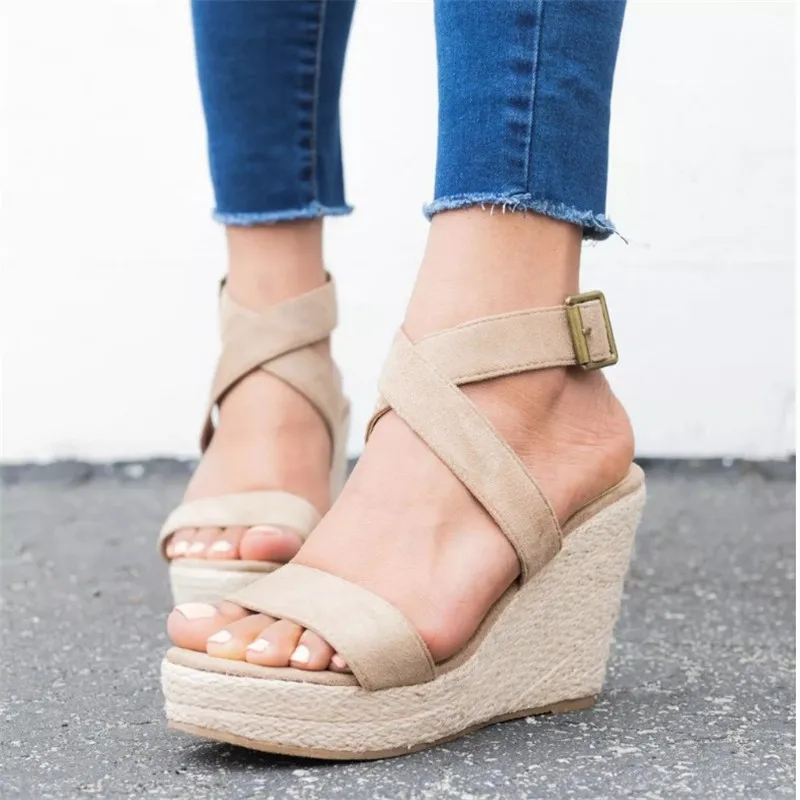 

Litthing New Leopard Wedge Sandals Platforms 2019 Summer Peep Toe Flock Buckle Strap Sandals High Heels Shoes Sandalia Feminina