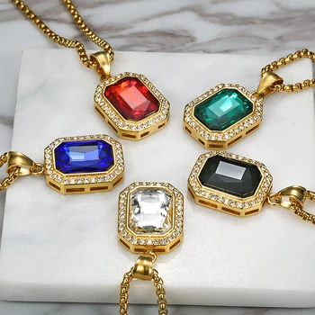 

Iced Out Small Square Black Crystal Pendant Necklace For Men/Women Bling Rhinestone Hip hop Jewelry With Box Chain Drop Shipping