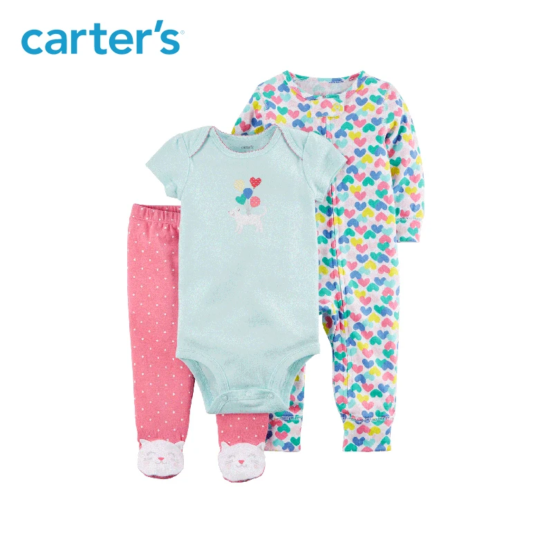 

3pcs heart print bodysuits kitty footed pant clothing sets Carter's baby girl soft cotton Spring Fall sleep & play 126H332