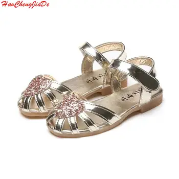 

Girls Summer Sandals Kids Bright Shoes Soft PU Patent Leather Heat Design With Glitter Sequins Children's Sandals