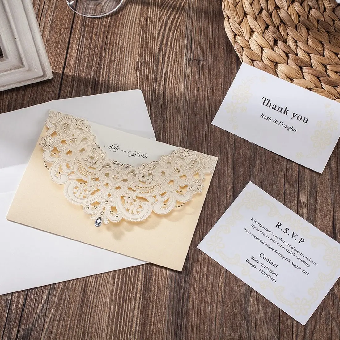  20Pcs Champagne Gold Shimmer Pearl Laser Cut Flora & Lace Wedding Invitations With Rhinestone Match - 33039931559