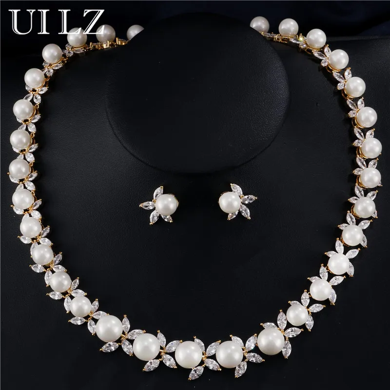 

UILZ Trendy Gold Color Imitation Pearl Bridal Wedding Jewelry Sets with Cubic Zircon For Women Promotion,Nickel Free JMSP030