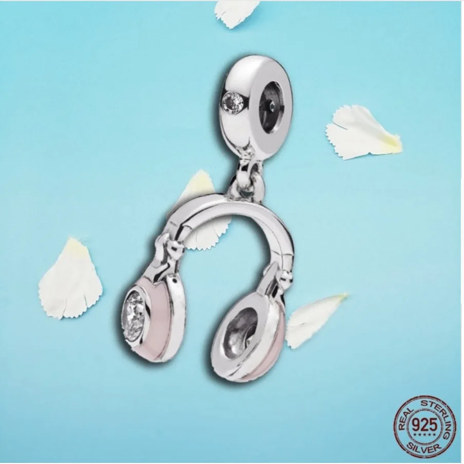 

925 Sterling Silver Pink Headphones Charm Fit Original Pandora Bracelets for Women DIY Jewelry Gift Bead for Jewelry Making