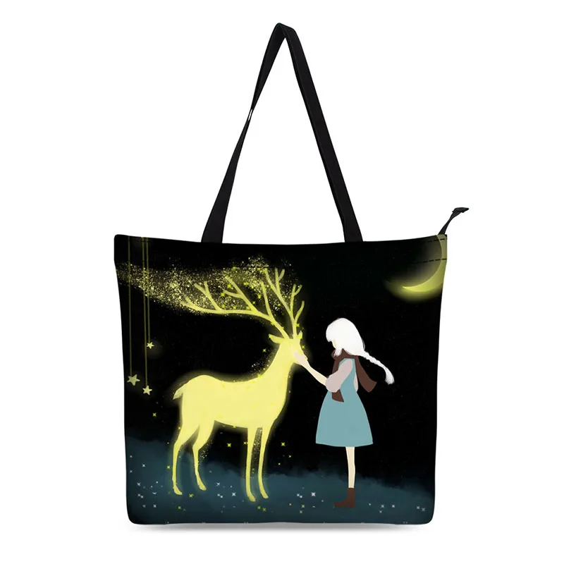 Canvas Shopping Bag Personalized Tote Bags Shoulder Bag 3D Cure Illustrations Design Black Grocery Bag Cotton Handbag Black bag back seat hook car water bottles black groceries grocery bags hanger purses schoolbags shopping bags 4pcs set