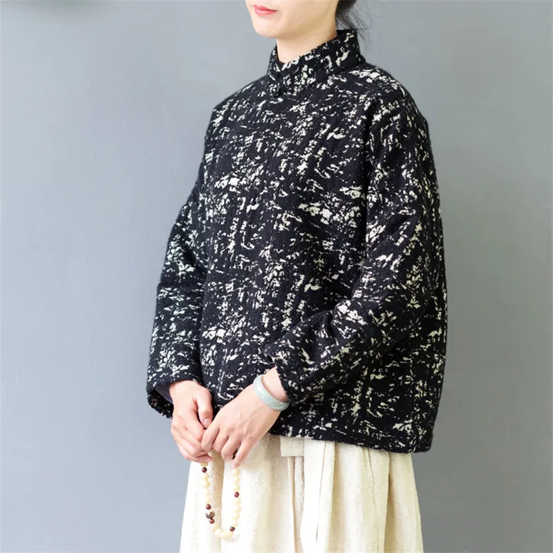 

SCUWLINEN 2019 Winter Jacket Women Vintage Stand Collar Chinese Style Thickening Jacquard Short Loose Jackets S430