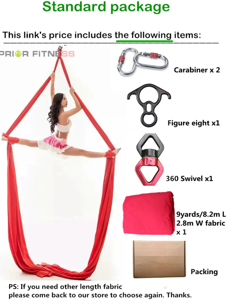 PRIOR FITNESS 9 Yards 8.2 meters Yoga Aerial Silks set Low Stretch Aerial Silk for inversion fly Including yoga accessories