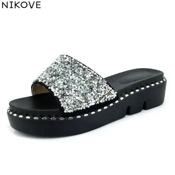 

NIKOVE 2018 Slip on Shallow Women Sandals Round Toe Sequins PU Med Heels Slippers Bling Platform 2.5cm Shoes Women Size 34-43