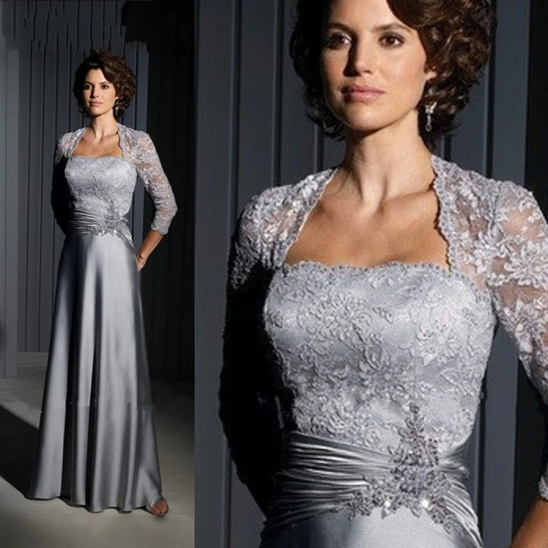 Mode gris longue mère de la robe de mariée 2016 3/4 manches appliques dentelle perlée femmes