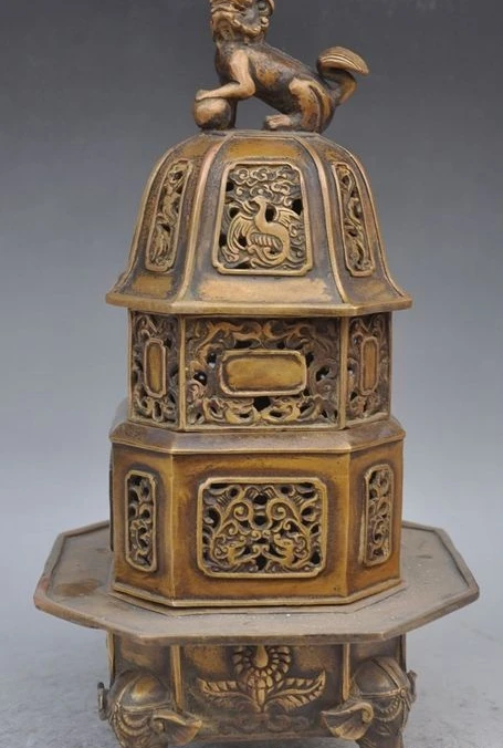 

13"china fengshui bronze elephant lion Tower Column incense burner Censer statue