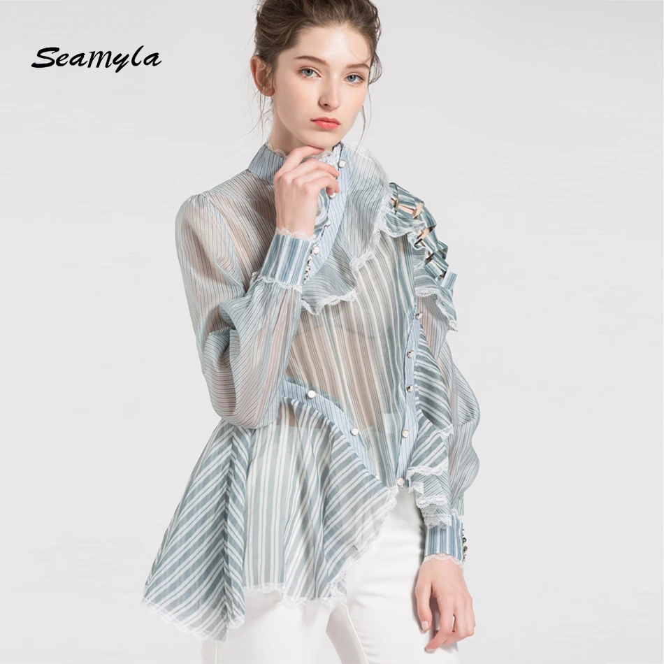 En Ligne Seamyla 2018 Nouvel Été Blouses À Manches Longues Volants Chemise Irrégulière Sexy Perspective Rayé Chemises Femmes Piste Chemisier Décontracté