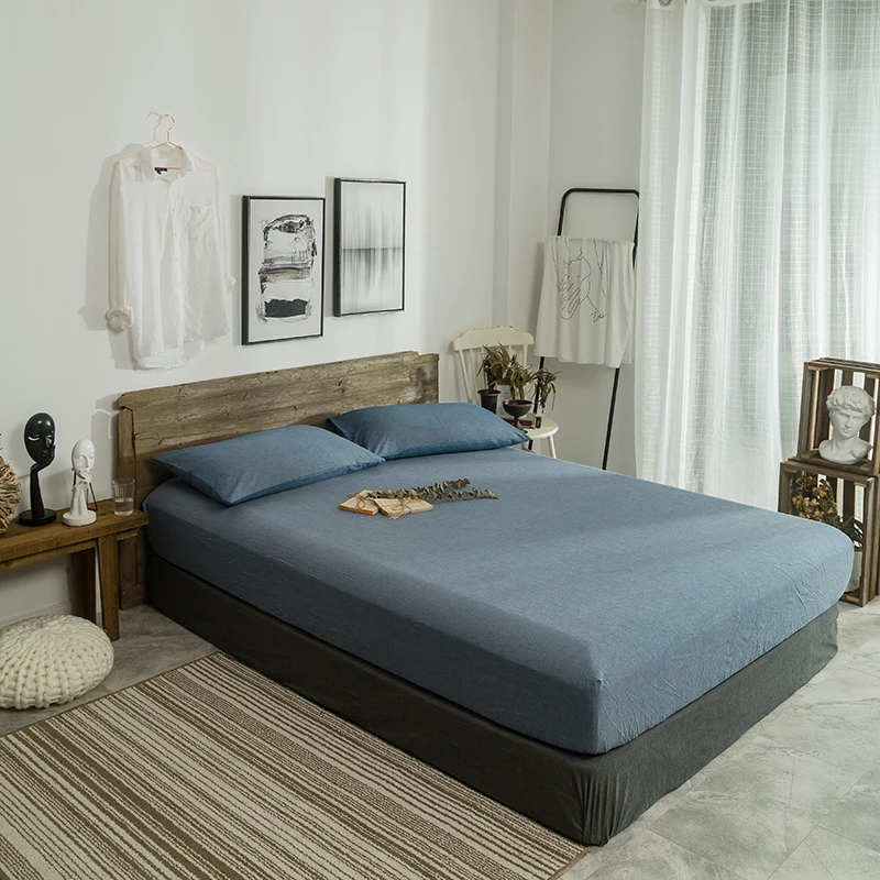 

Bed Sheet With Pillowcase Fashion Denim Blue Solid Color Bed Linen Queen Size Mattress Covers Fitted Sheet Sets 180X200cm Set