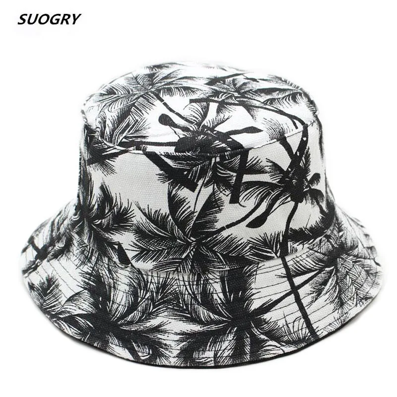 

2018 Two Side Reversible Coconut Tree Bucket Hat Unisex Printing Hip Hop Hat For Women Men Panama Cap Summer Fisherman Hat