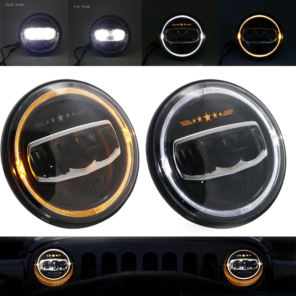 

7" LED Headlights 50w High Low Beam LED H4 Halo Angel Eye DRL Amber Turn Signal for Jeep Wrangler JK TJ Land Rover