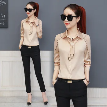 

Women Blouse New Casual Women's Long Sleeved Solid Shirt Plus Size Blouses Ladies Office OL Style Shirts Blusas rivet