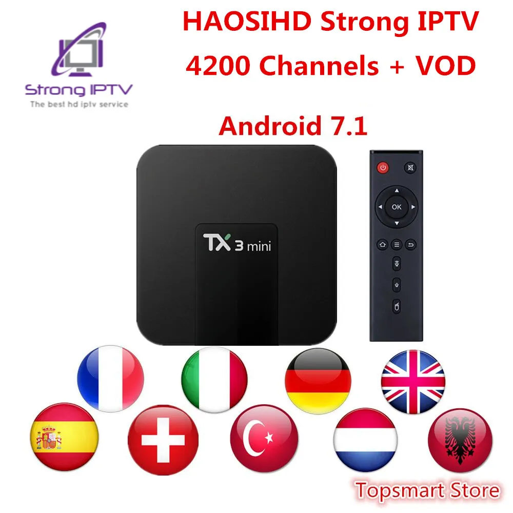 

TX3 mini tv box Android 7.1 with Strong IPTV Arabic France free life IPTV Subscription UK French Arabic Belgium Dutch free IPTV