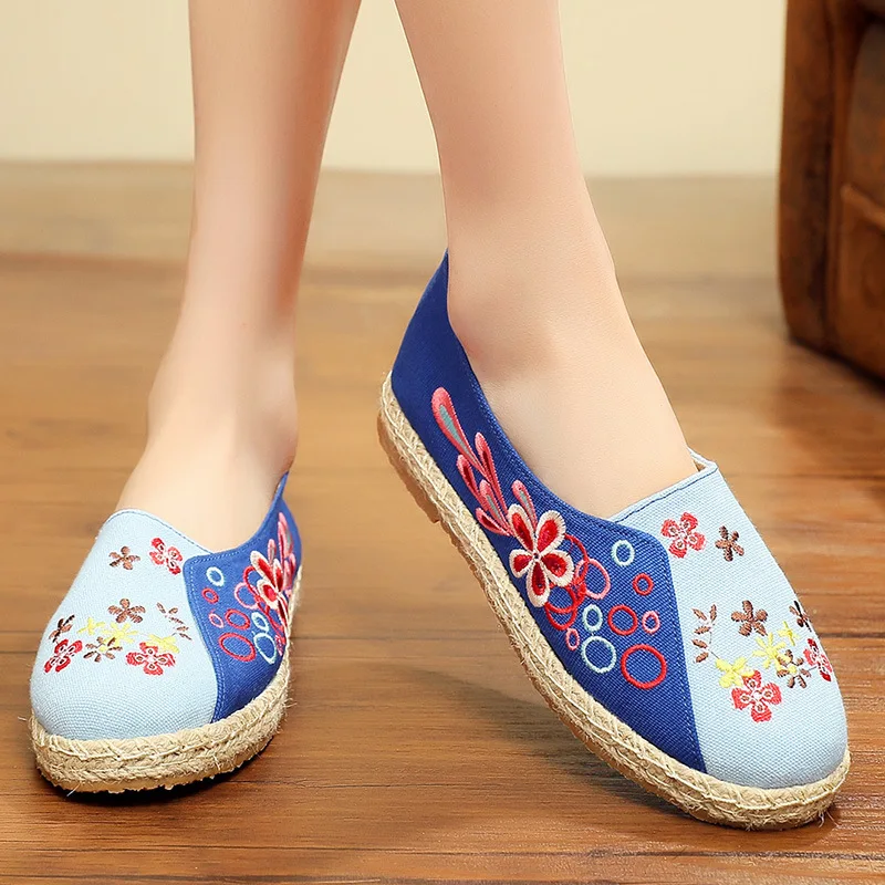 Coton Veowalk Broderie Bas Espadrilles Plates Chaussures Lin Florale vert Mocassins Dames Beige bleu Main Toile Chanvre Slip Femmes Confort on qBFxwBXr