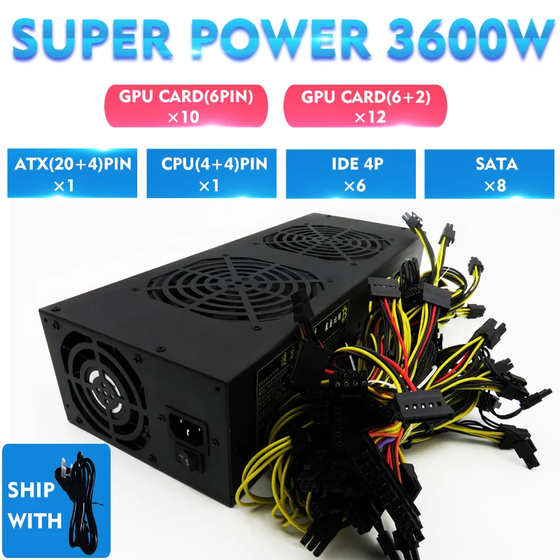 Universial 3600 Вт добыча PSU для Eth zec Rig Bitcoin Шахтер Antminer S7 S9 L3 + D3 platinum питание 8 GPU карты |