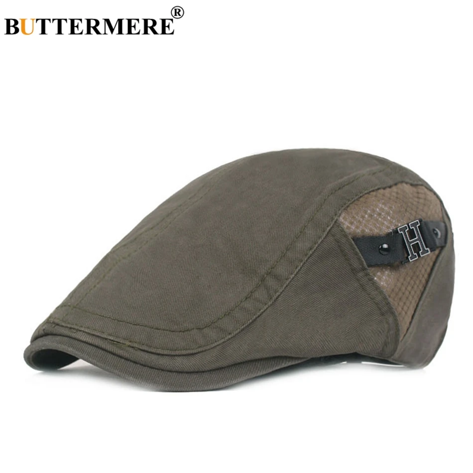 

BUTTERMERE Army Green Beret Men Patchwork Cotton Flat Cap Male Summer Adjustable High Quality Metallic Letter Retro Duckbill Hat