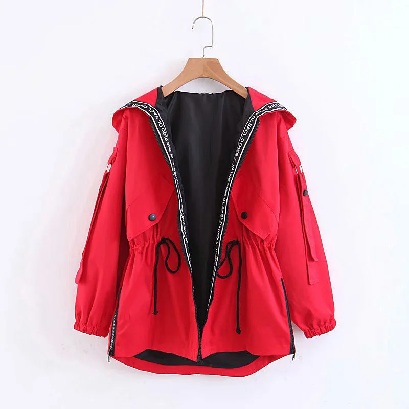 Европейская винтажная короткая куртка-бомбер свободного кроя с капюшоном размера плюс, бейсбольное пальто Харадзюку, Женская свободная уличная Базовая куртка - Цвет: Красный