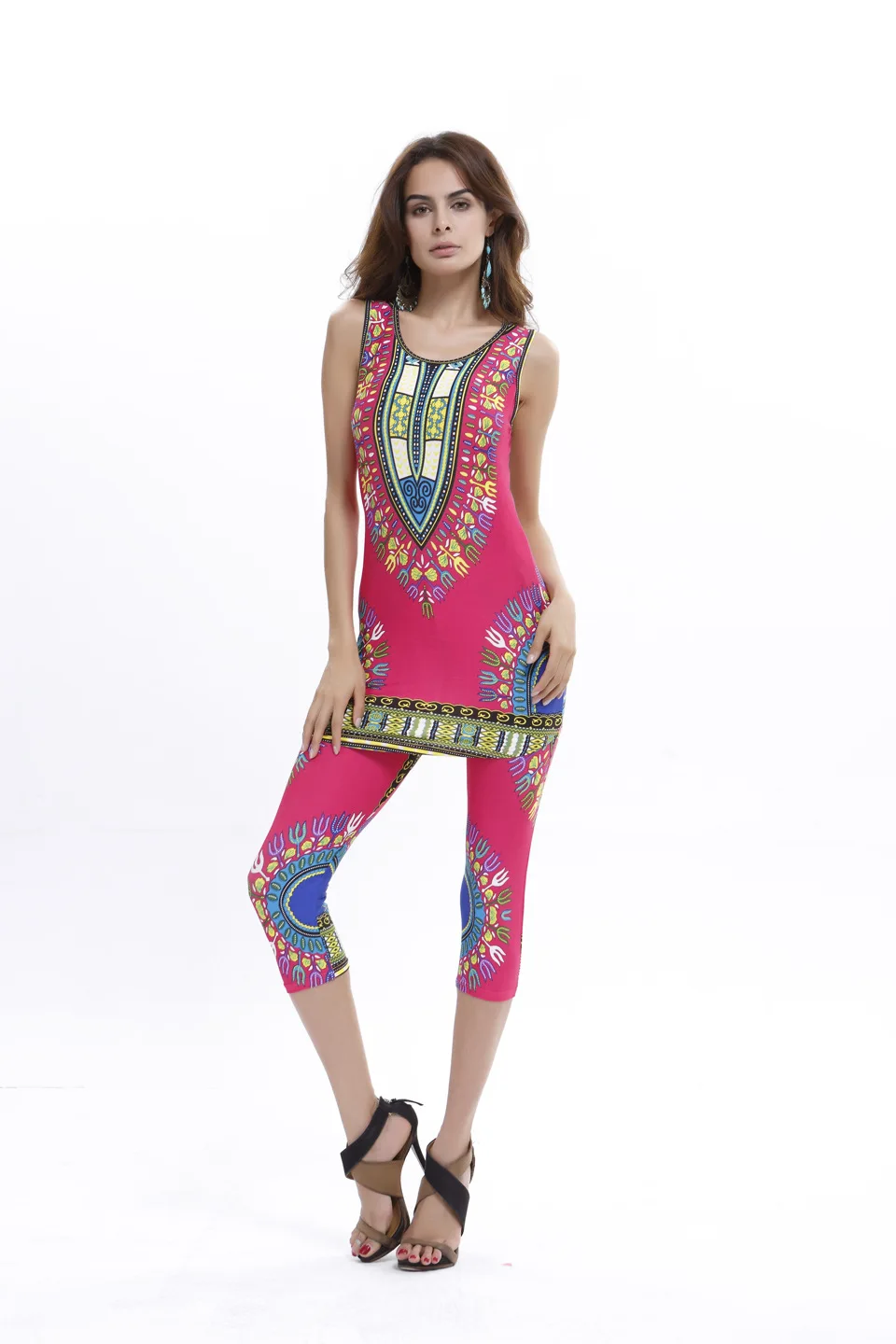 1 Sets women's street fashion ice silk large size geometric totem print vest & pants casual set clothing
