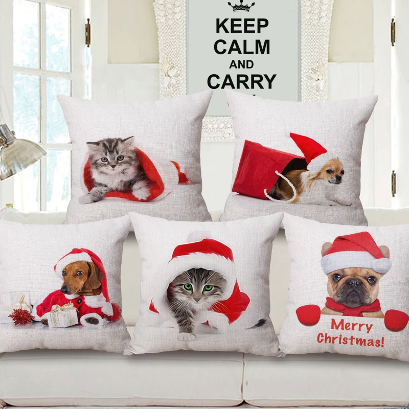 

Merry Christmas Cushion Covers Cat Bulldog Dachshunds Chihuahua Dog in Xmas Hat Cushion Cover Linen Pillowcase