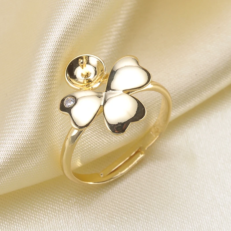 

Delicate clover shape Pearl Ring Mounting with Shiny CZ, Sterling Silver Pearl /Coral/ Cystal/ Gems DIY Ring Fitting Accessory