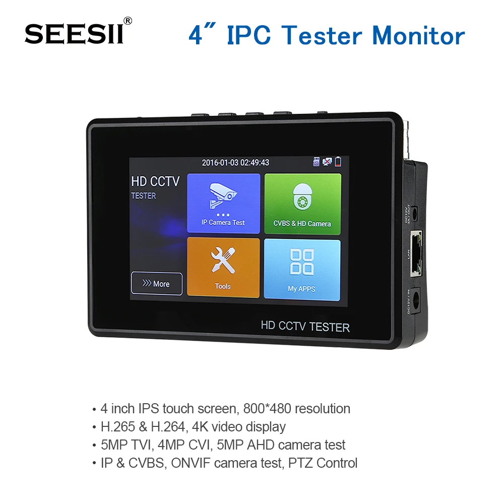 

4" IPC Tester Monitor 8MP TVI CVI AHD Tester 4K Security Camera HD H.265 PTZ Control ONVIF IPC Tester POE Camera Tester