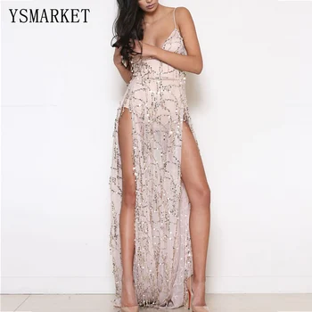 

Sexy Backless Sequin Maxi Dress Elegant Evening Paillette Robe Long Party Dress Bustier deep v two Split Mermaid Dress 21668