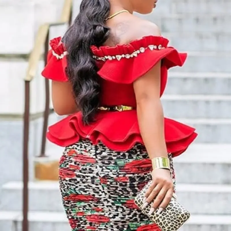 Милая блузка Красного размера плюс, летние женские топы, тонкие, с открытыми плечами, простые, Falbala, шикарные, винтажные, африканские, модные топы, рубашки, блузка