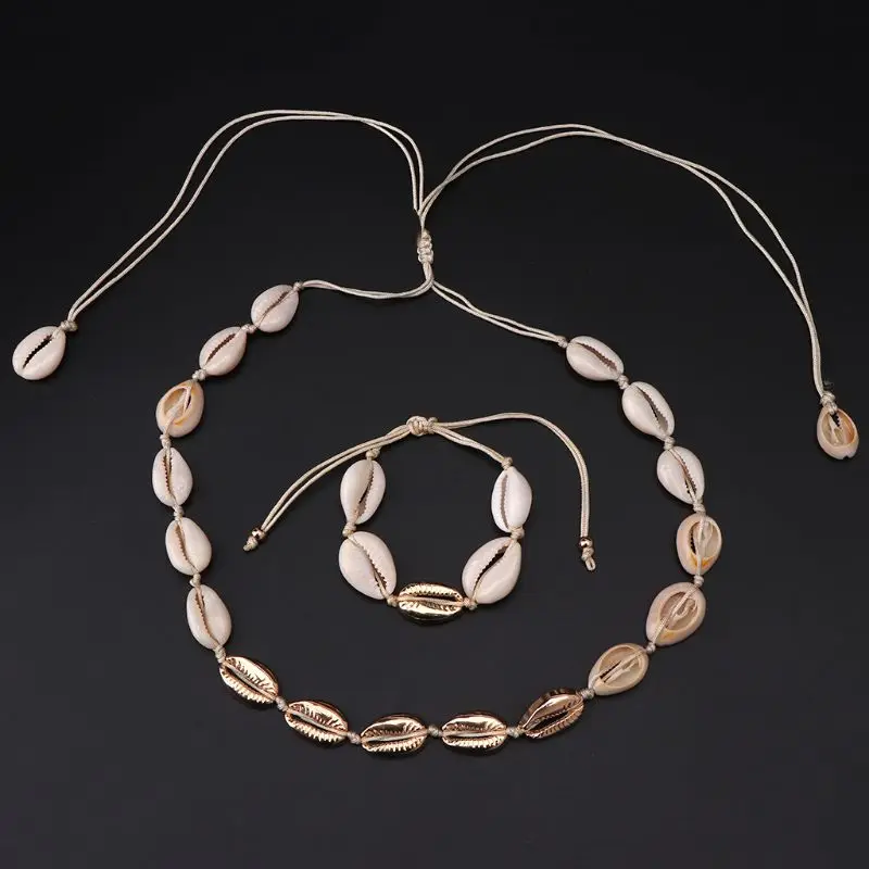 

Fashion Women Lady Shell Necklace Bracelet Set Alloy Handmade Knotted Jewelry
