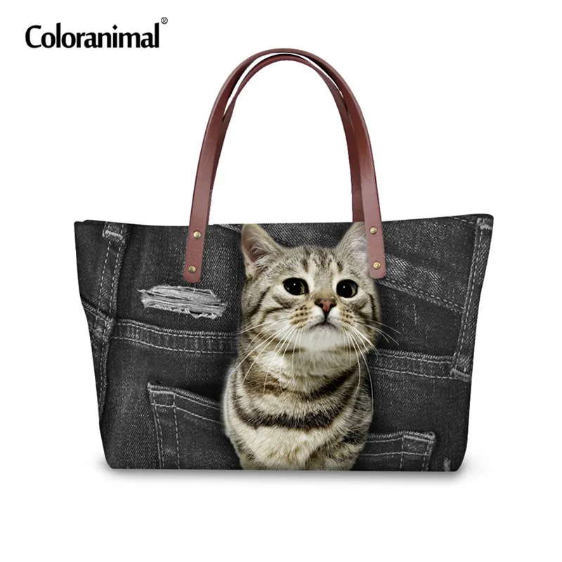 Coloranimal, роскошная женская сумка, 3D, черная, Джинсовая, с принтом, женские большие сумки, милые животные, кошка, собака, мопс, тоут, сумки на плечо для дам - Цвет: CC3319AL