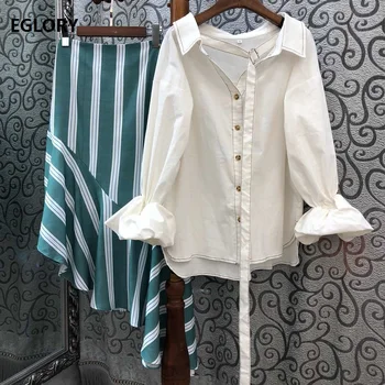 

High Quality Designer Clothing Set 2019 Autumn Fashion Skirt Suit Women Long Sleeve White Shirt+Striped Print Asymmetrical Skirt