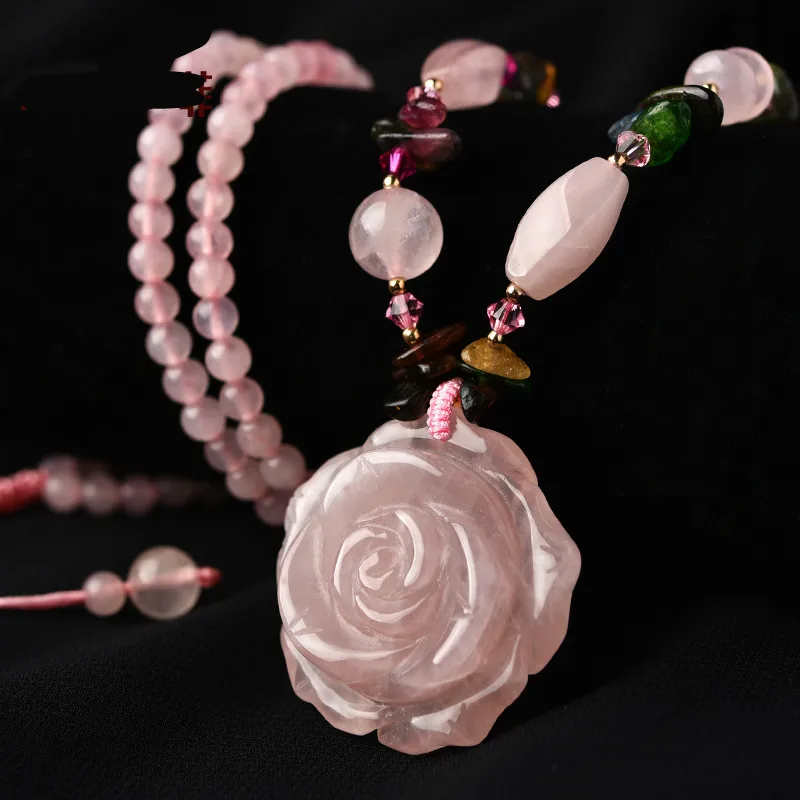 

Pink Crystal Rose Sweater Chain Female Hibiscus Stone Long Autumn and Winter Wild Pendant