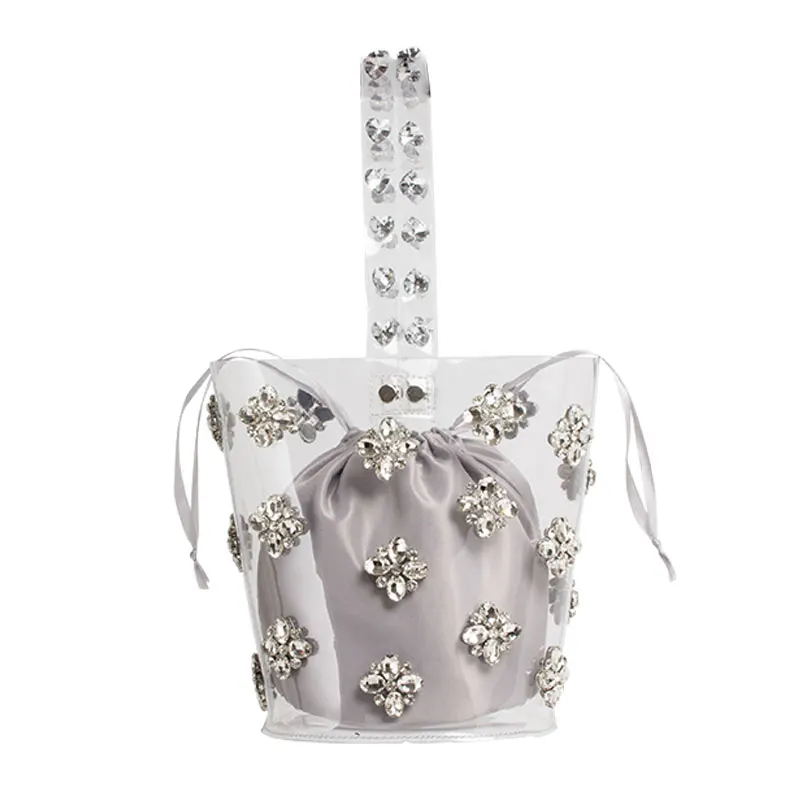 

Fashion Clear Transparent Shoulder Flower bucket Bag Jelly Candy Diamonds Handbag Messenger Crossbody Lady Top-handle Bags