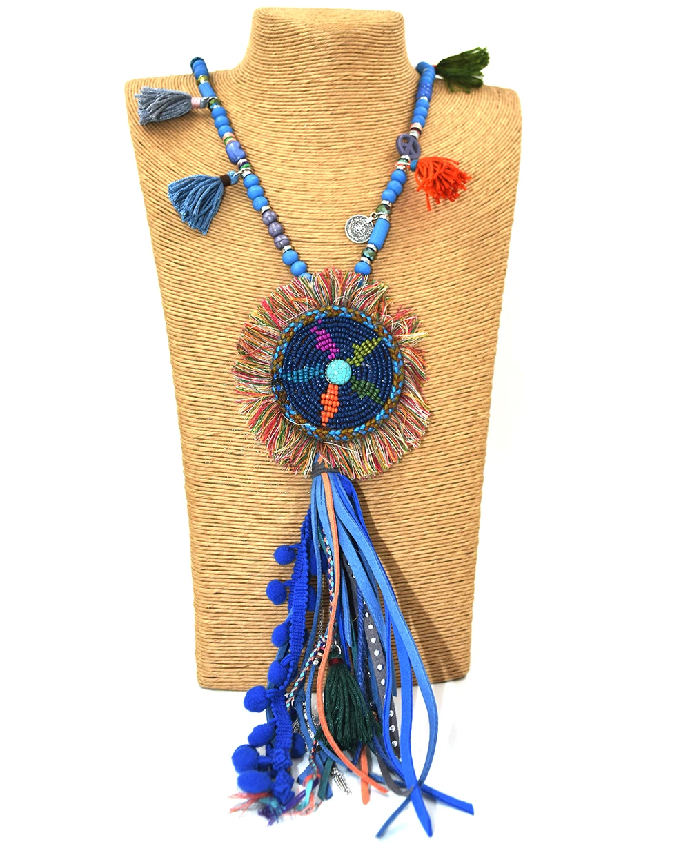 2017 New handmade Boho wooden beads chain leather tassel pendents necklce unique Bohemia long fringe pendants Necklaces