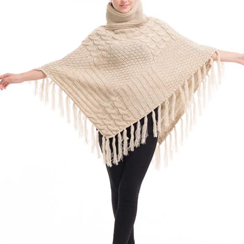 

DSQUAENHD New Fashion Women High Collar Poncho for Female Solid Color Knitted Scraves Irregular Warm Winter Loose Shawl Capes