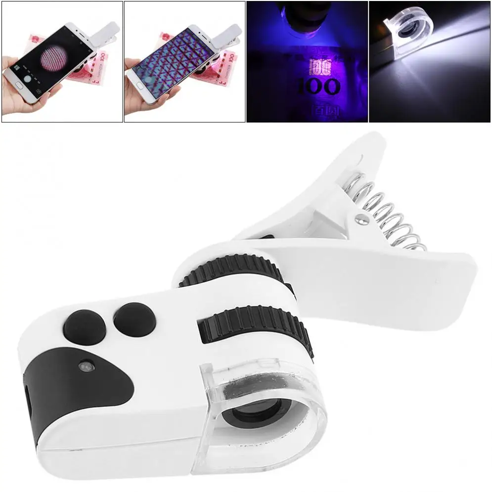 

60X 10mm Rechargeable Adjustable Universal Clip Cell Phone Microscope Magnifier with LED Lamp / UV Light / USB Cable