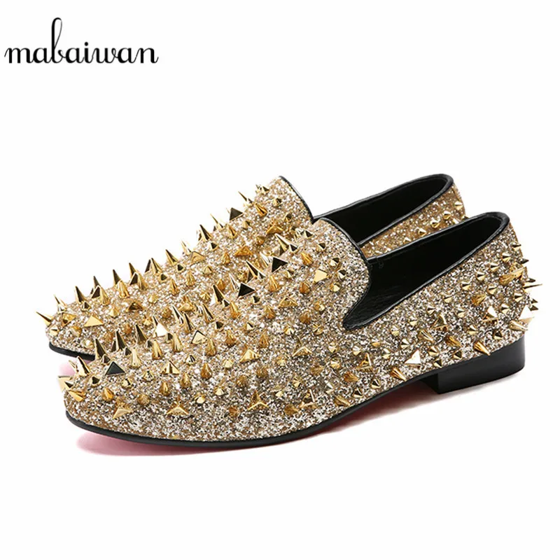 Loafers Mão Da Preto Dourado Casamento Moda Sapatos Flats Mocassins À Homens Deslizar Sobre Mabaiwan Chinelo Glitter Rebites ouro Ouro Picos Feitos Do Vestido De Couro wBzU1E1q