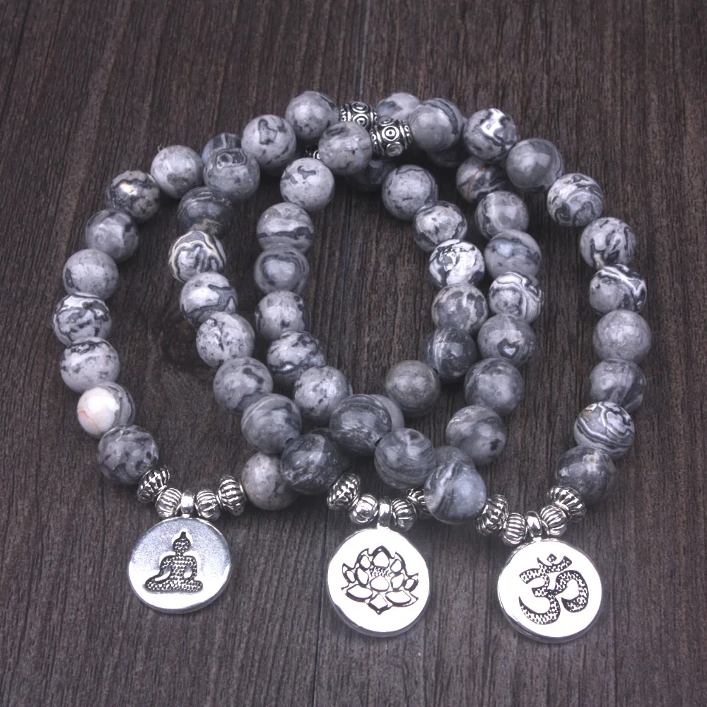 

1pcs Natural 8 MM Grey Map Stone with Lotus OM Buddha Charm Bracelet Lucky Meditation Yoga bracelet For Men & Women
