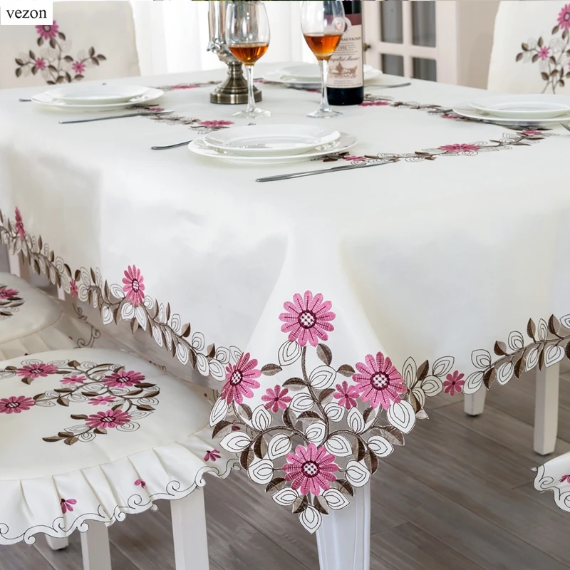 

vezon Elegant Polyester Satin Embroidery Rose Daisy Tablecloth Embroidered Floral Table Cloth Cover Overlays Home Decor Textile