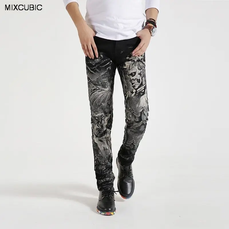 MIXCUBIC Autumn England style street Unique skull printed jeans men
