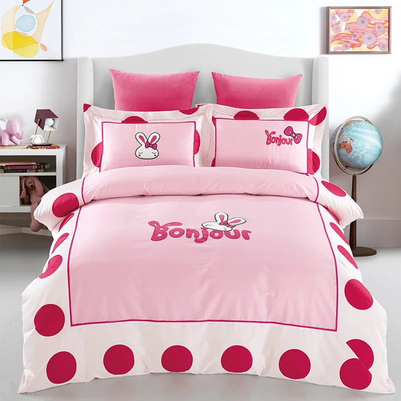 

Pink Dot embroidery bedding sets duvet covers cover Egyptian cotton bedspreads girls queen king size bed sheets