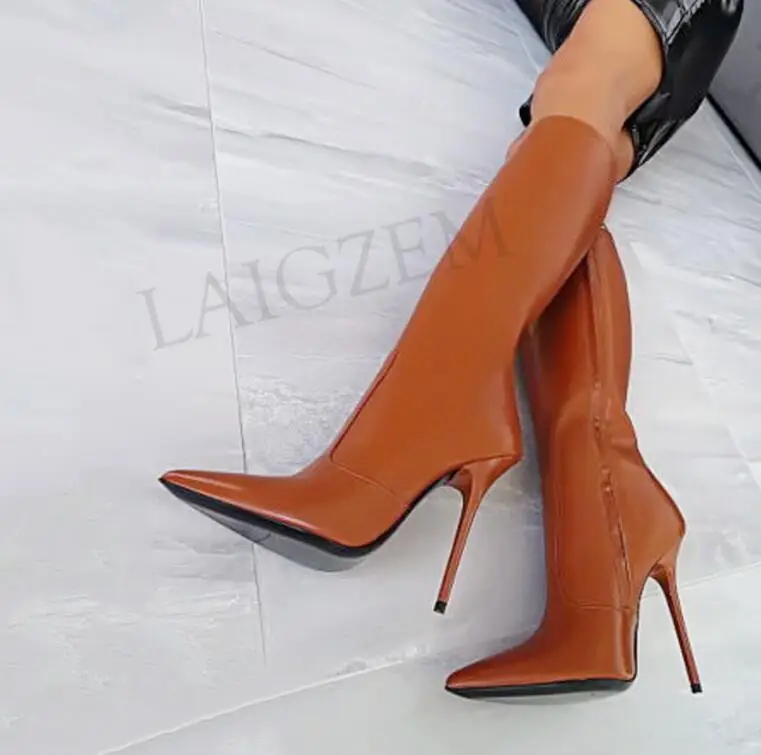 LAIGZEM/женские сапоги до колена на высоком каблуке высокие сапоги на шпильке женская обувь с застежкой-молнией из искусственной кожи; Botines Mujer; большие размеры 34-47 - Цвет: LGZ324 Brown