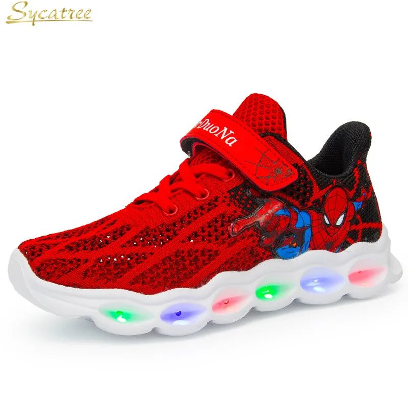 

Sycatree Spider Men Summer Fashion LED Light Kids Running Shoes for Boys Girls Air Mesh Breathable Luminous Children Sneakers