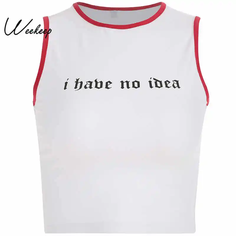 

Weekeep Women Cropped Letter Print Tank Top Knitted O-neck Patchwork Crop Top 2019 Summer Streetwear feminino Tank Tops