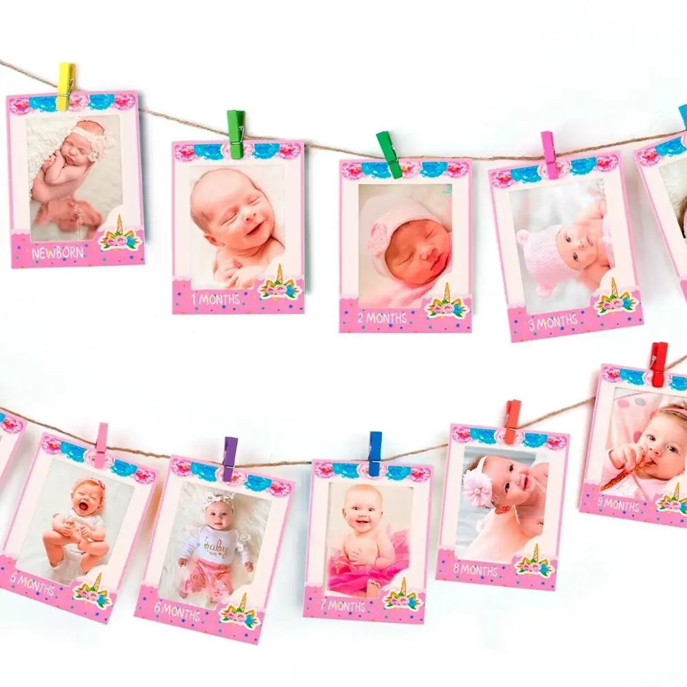 

13pcs Unicorn Baby Birthday Banners 12 Months Photo Bunting Newborn Baby Shower Paper Garland Boy Girl 1st Birthday Party Decor