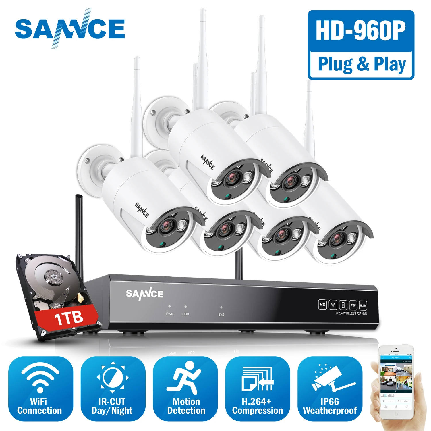 

SANNCE 960P 8CH Wireless Security Camera System 6PCS IP66 Weatherproof Indoor Outdoor Wifi Cameras Plug-and-Play Wi-fi CCTV Kit