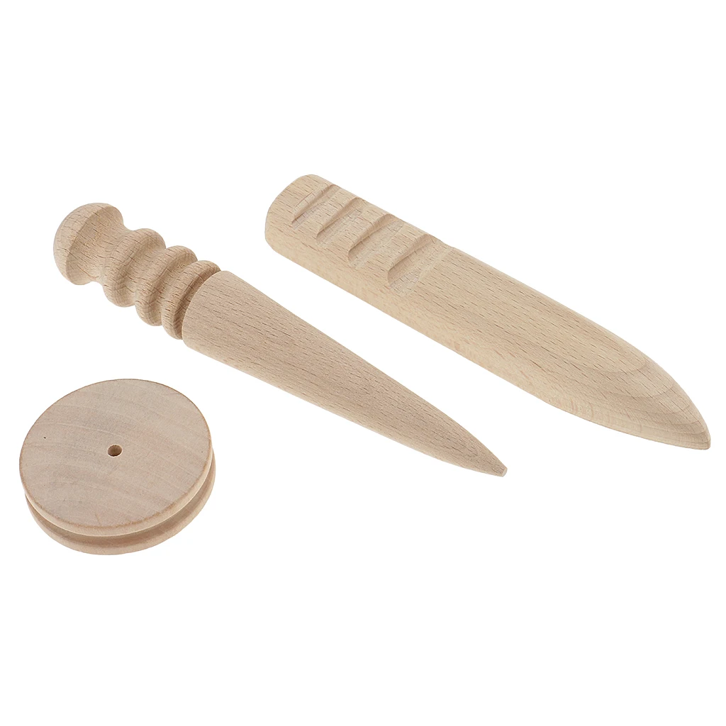 3pcs Wood Leather Edge Slicker + 10pcs Wool Daubers Assisted Dyeing Wool Ball Applicator Leather Craft DIY Hand Tool Set